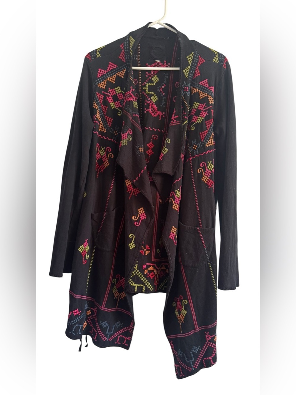 Biya By Johnny Was Black Embroidered Tie Closure with Pockets Cardigan Size M - Picture 6 of 10